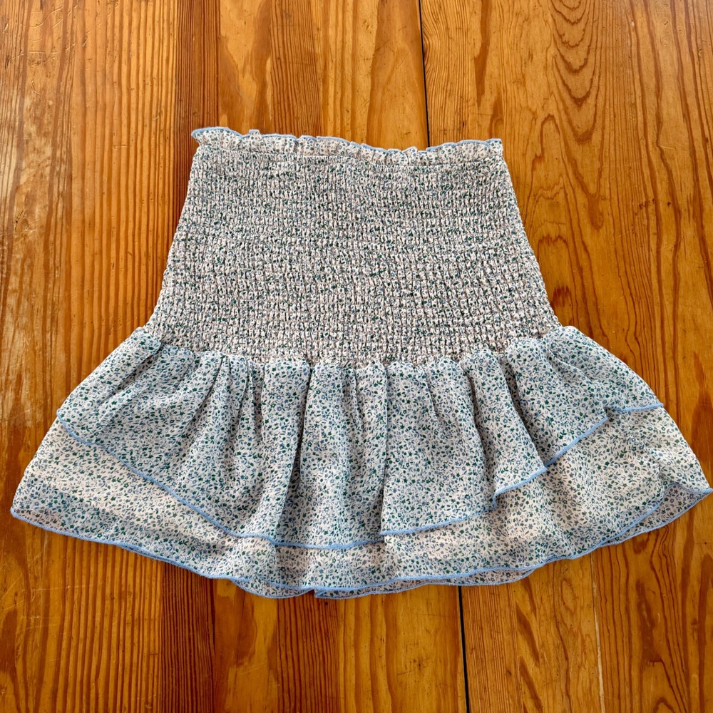 Storia Smocked Floral Mini Skirt Blue Green Ruffle Tiered Summer Skirt Small